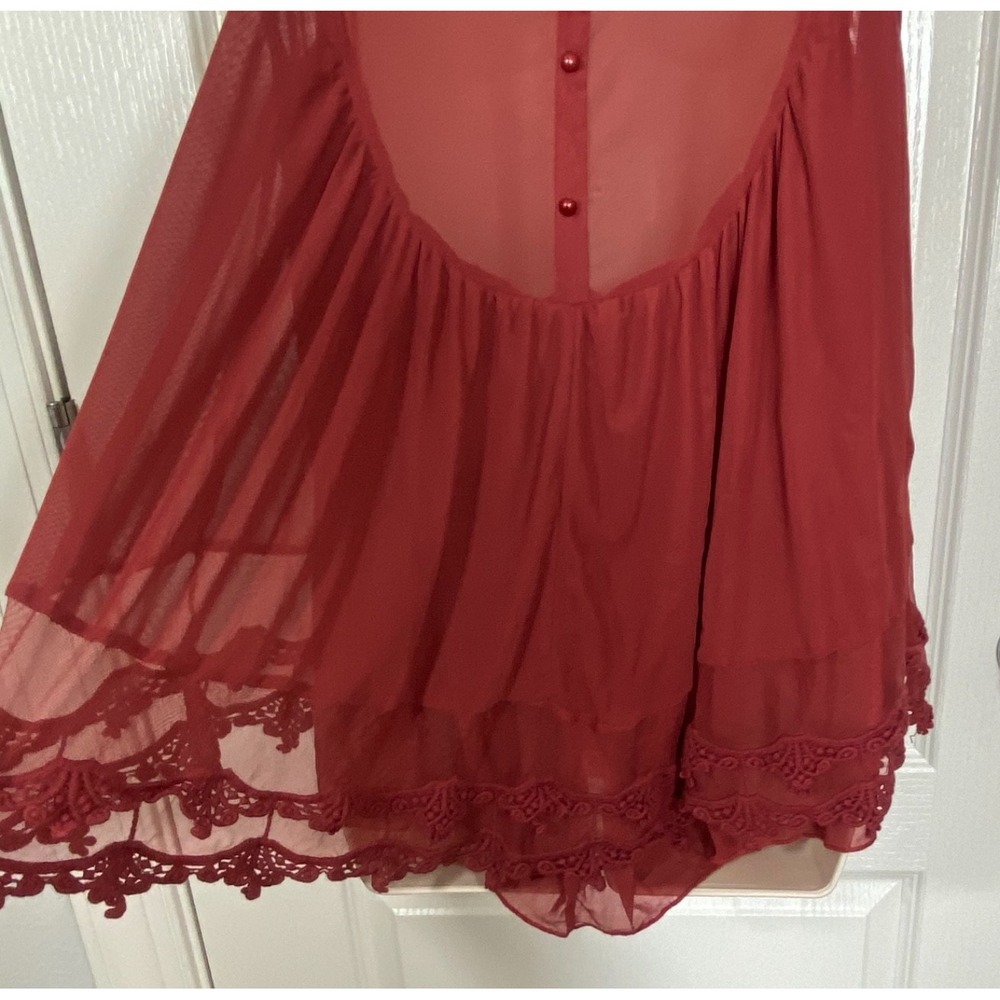 Ultra Pink Blouse L Rust Red Fairy Lace Sheer Back Romantic Festival Embroidery - Picture 7 of 14